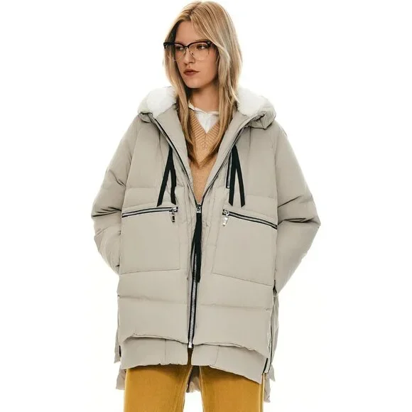 Women's Thickened Beige Clothing Down Vest Jacket Warm Fleece Lined Hood Coat